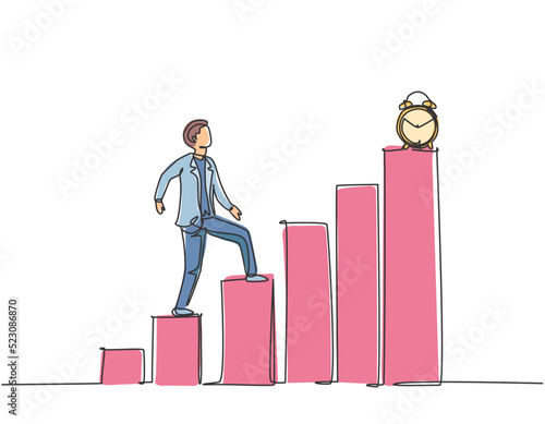 Single one line drawing of young business man walking on the graph bar to reach alarm clock. Business time discipline metaphor concept. Modern continuous line draw design graphic vector illustration