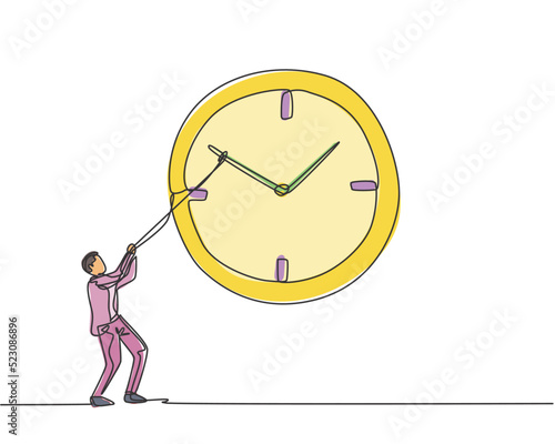Continuous one line drawing young male worker pulling clockwise of big analog wall clock with rope. Time management business minimalist concept. Single line draw design vector graphic illustration