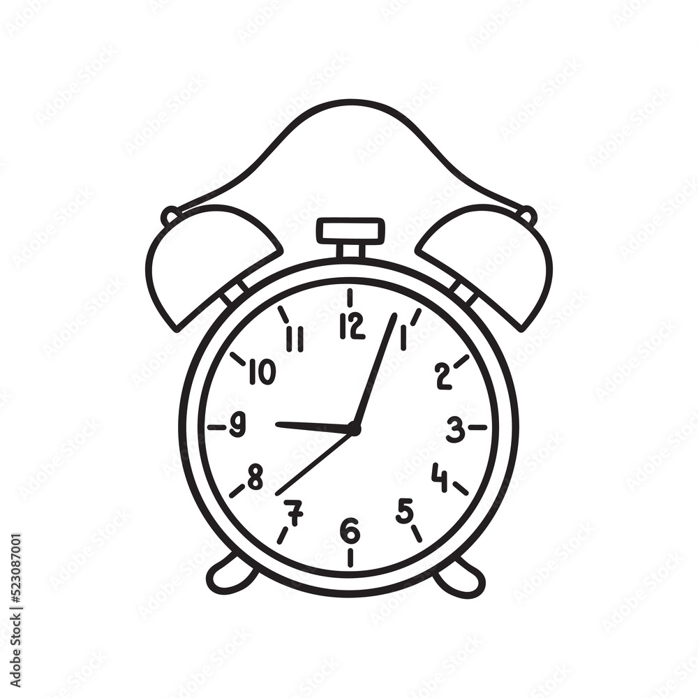 Hand drawn alarm clock doodle icon. Retro alarm watch in sketch style. Vector illustration isolated on white background.