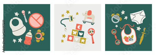 Set of posters with toys, teethers, diaper, toothbrush, bibs etc. Health care and development. Products for newborn babies.
Cute design for boys and girls. Hand drawn vector illustrations.