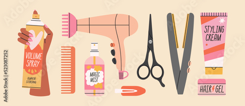 Big set with attributes of hairstyling process - hairdryer, cosmetics, scissors, comb etc. Products and equipment for haircuts and hair care in salon or at home. Hand drawn vector illustration.