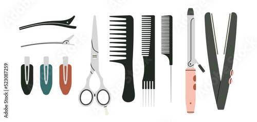 Big set with attributes of hairstyling process - scissors, comb, hairpins, curling iron etc. Products and equipment for haircuts and hair care in salon or at home. Hand drawn vector illustration.