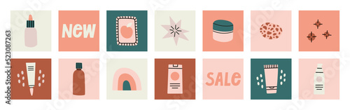 Big set of hand drawn vector illustrations with beauty products. Korean cosmetics. Can be used in magazine, banner, social media, highlights, typographic design. Skin care and online shopping concept.