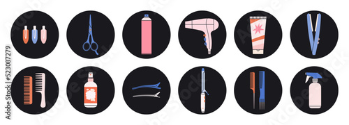 Big set with attributes of hairstyling process - scissors  comb  hairpins  curling iron etc. Products and equipment for haircuts and hair care. Icons  highlights. Hand drawn vector illustration.