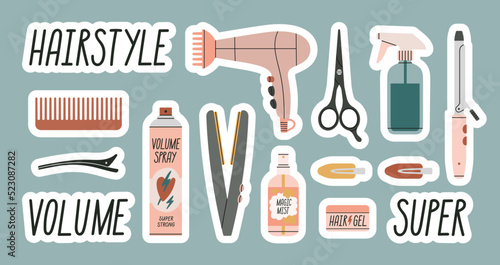 Big set of stickers with attributes of hairstyling process. Includes phrases and illustrations. Products and equipment for haircuts and hair care in salon or at home. Hand drawn vector illustration.