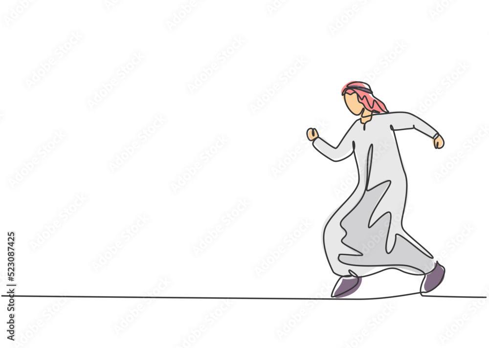 Continuous one line drawing young Arab male worker walking on the ...