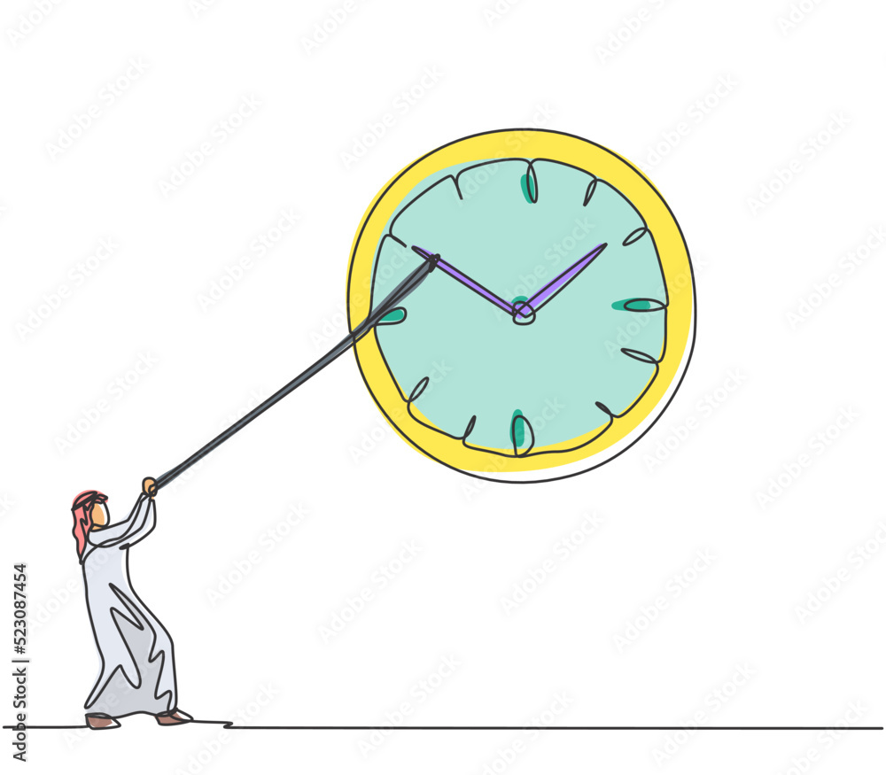 Continuous one line drawing young Arab male worker pulling clockwise ...
