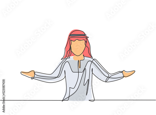 Continuous one line drawing young Arab male worker stretched out his arms. Business presentation to find out solution minimalist concept. Single line draw design vector graphic illustration.