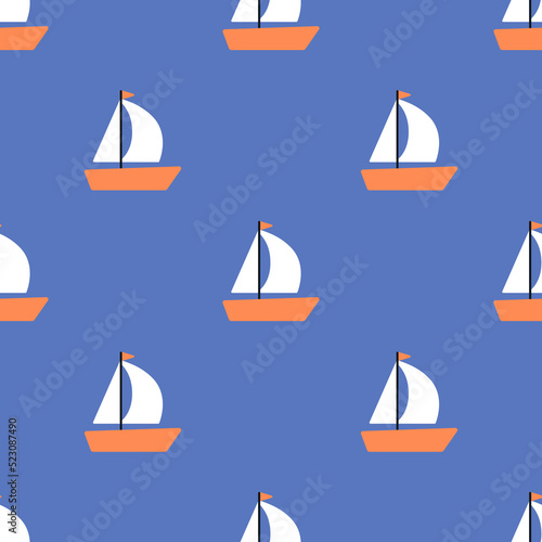Seamless pattern with a boat, yacht. Cute style, trendy colors.  Sea travel and tourism concept. Ideal for packaging. Hand drawn vector illustration. For print, fabric, wrapping paper design.