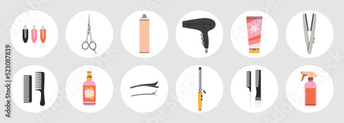 Big set with attributes of hairstyling process - scissors, comb, hairpins, curling iron etc. Products and equipment for haircuts and hair care. Icons, highlights. Hand drawn vector illustration.