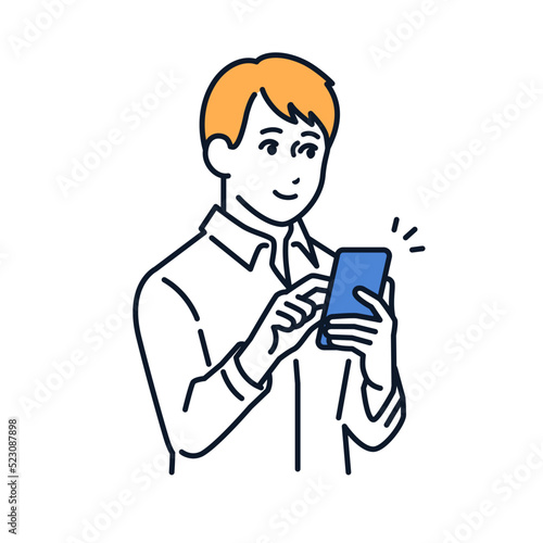 スマホを操作する若い男性のシンプルなベクターイラスト素材