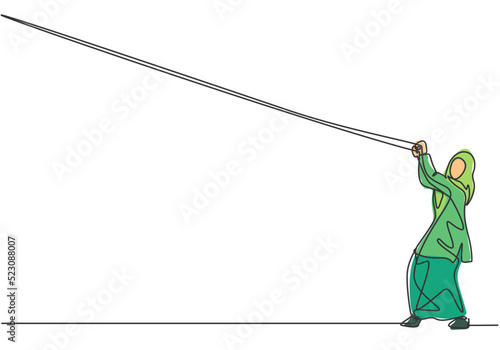 Continuous one line drawing young Arab female worker hanging on the rope to reach up her goals. Business challenge of entrepreneur concept. Single line draw design vector graphic illustration.