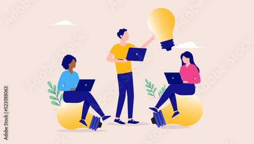 Idea workshop - Diverse small team of business people working with innovation and new ideas with light bulbs and computers. Flat design vector illustration