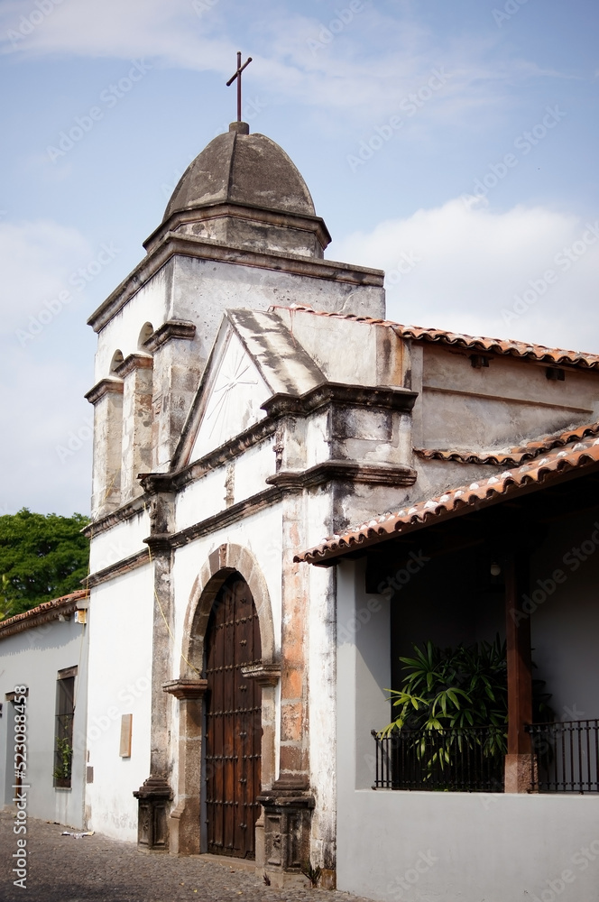 chapel Old building, village church, colonial architecture walls, aged wooden door