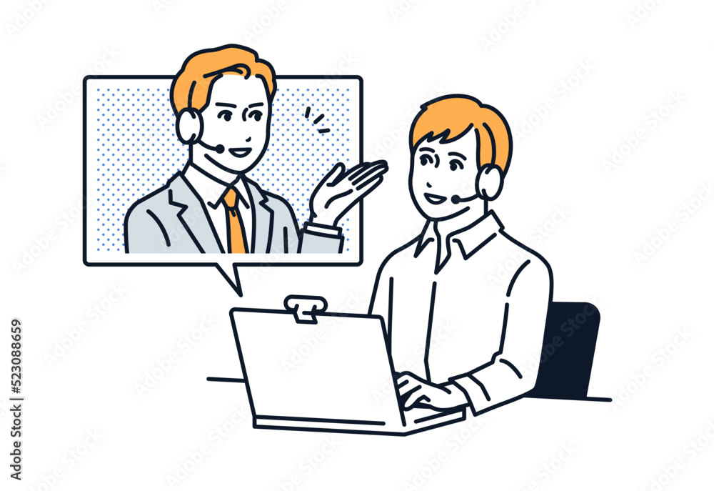 PCでオンライン相談をする男性のシンプルなベクターイラスト素材 PCでオンライン相談をする男性のシンプルなベクターイラスト素材