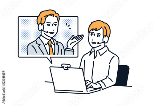 PCでオンライン相談をする男性のシンプルなベクターイラスト素材