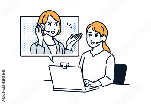 PCでオンライン相談をする女性のシンプルなベクターイラスト素材