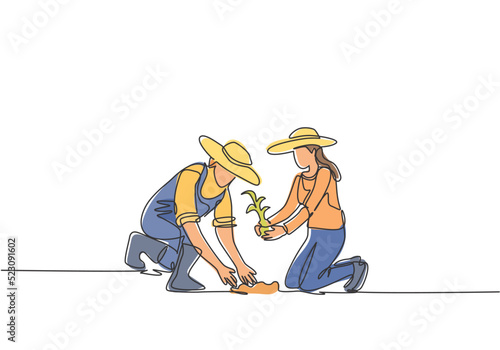 Single continuous line drawing couple farmer planting plant shoots in the ground. Start the planting period. Minimalism metaphor concept. Dynamic one line draw graphic design vector illustration.