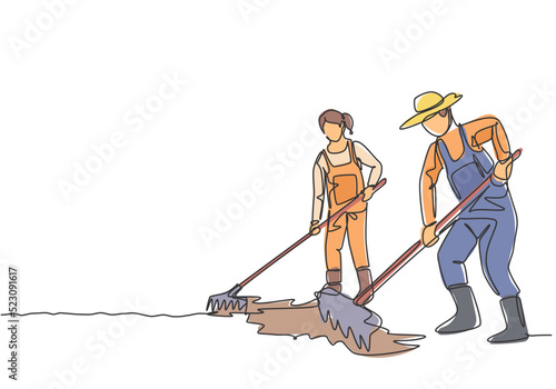 Single one line drawing of couple farmer leveling the ground using a rake. Start a new planting season. Farming challenge minimal concept. Continuous line draw design graphic vector illustration.