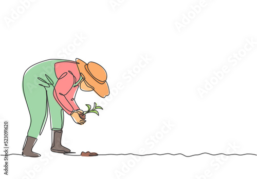 Continuous one line drawing young female farmer planting plant shoots in the ground. Start the planting period. Success farming minimalist concept. Single line draw design vector graphic illustration.