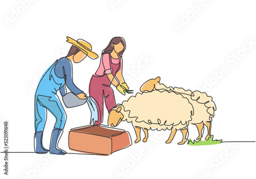 Continuous one line drawing couple farmer are feeding the sheep so that the sheep will be healthy and produce the best meat. Minimalist concept. Single line draw design vector graphic illustration.