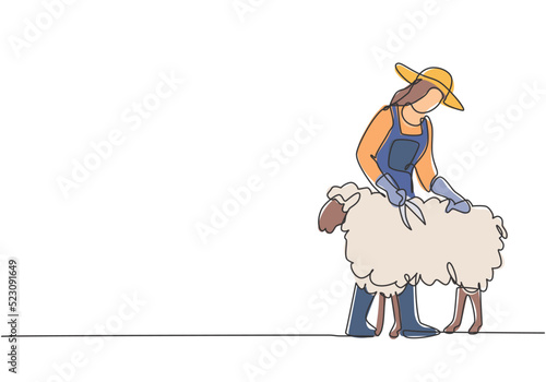 Single one line drawing of young female farmer was carefully shearing the fleece using scissors. Farming challenge minimal concept. Modern continuous line draw design graphic vector illustration.