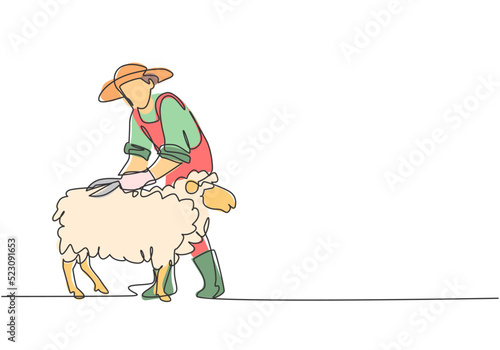 Continuous one line drawing young male farmer was carefully shearing the fleece using scissors. Successful farming challenge minimalist concept. Single line draw design vector graphic illustration.