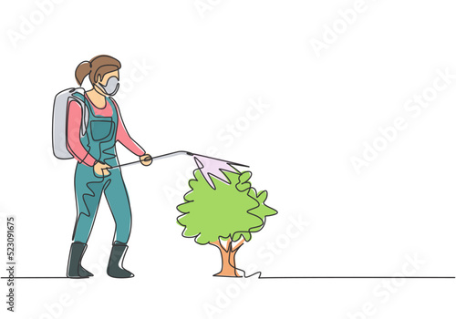 Continuous one line drawing female farmer, complete with a mask, is spraying the plants with a disinfectant sprayer. Farming minimalist concept. Single line draw design vector graphic illustration.