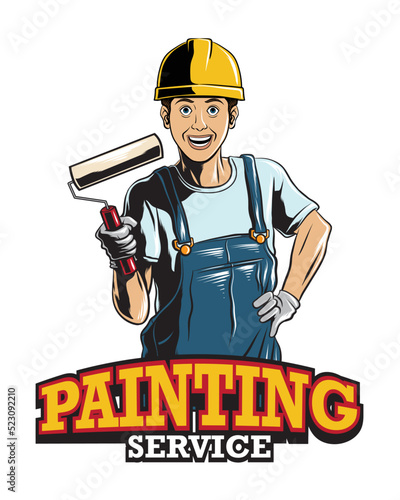 painter handling roller illustration with painting service text. painting service logo vector. 