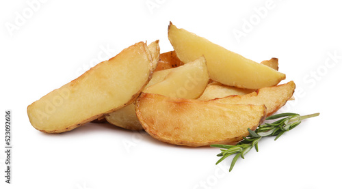 Tasty baked potato wedges with rosemary on white background