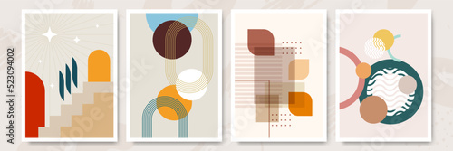 Abstract geometric, natural shapes poster set in mid century style. Modern illustration: minimalist print, poster, boho wall decor, flat design Vector minimal art