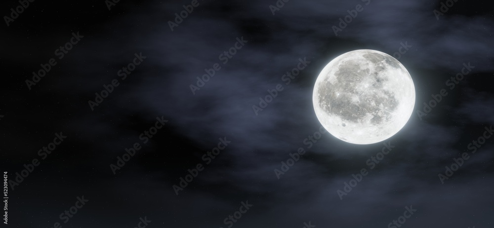 Super moon shine wonderful with clouds, star in the sky background. 3D rendering.