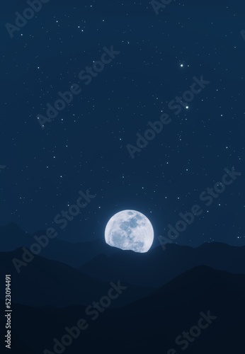 The big moon shines behind mountains with stars and clouds in the background. 3D rendering. © NoonZK