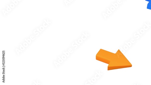 Arrow symbol small moving across screen with others crossing path avoiding collision, orange and blue, 3d animation
