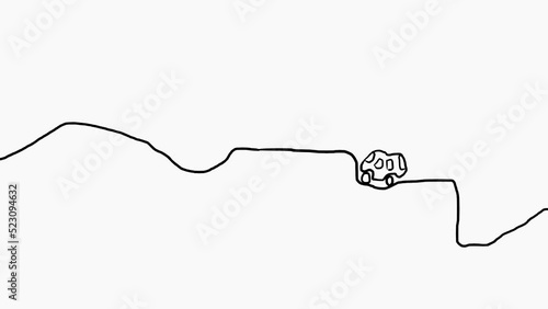 Bus travel fast drive across changing scrolling rugged landscape terrain surreal endless loop journey, hand drawn 2d animation
