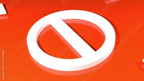 Restricted circle sign white on red surface with small arrows bouncing off, 3d animation
