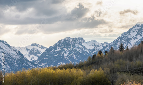 Snow Covered Mountains in American Landscape. Spring Season. Grand Teton National Park. Sunset Sky. Wyoming, United States. Nature Background.