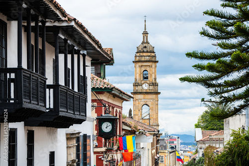 colorful street of la candelaria district in bogota, colombia