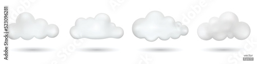 Set of White 3d clouds isolated on a white background. Soft round cartoon fluffy cloud icon. Realistic clouds vector set. 3D Vector illustration.