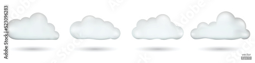 Set of White 3d clouds isolated on a white background. Soft round cartoon fluffy cloud icon. Realistic clouds vector set. 3D Vector illustration.