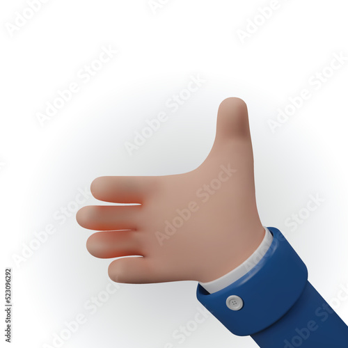 Businessman's hand to holding something like a bottle or smartphone isolated on white background. Cartoon man's hand. 3D vector illustration.