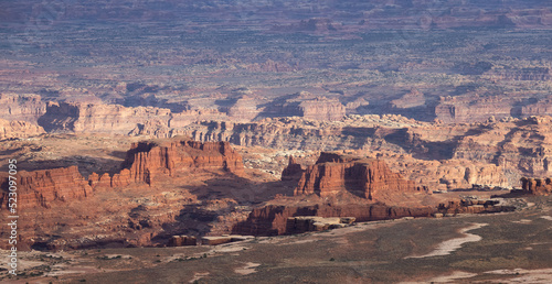 Scenic American Landscape and Red Rock Mountains in Desert Canyon. Spring Season. Canyonlands National Park. Utah, United States. Nature Background. Sunset