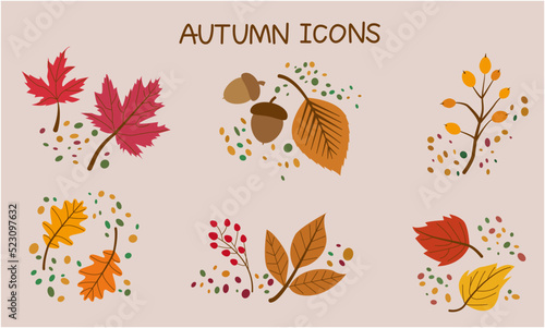 Vector set of autumn icons. Falling leaves, acorns, pinecones, berries and old twigs. Autumnal elements collection. Vector illustration.