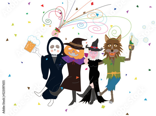 ハロウィンを祝って酒を飲んで踊りだす魔女やジャックオーランタンたち。
