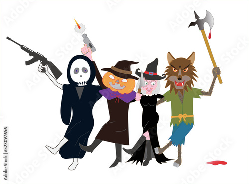 ハロウィンの日に武器を持って、魔女やジャックオーランタンたちに変装している。