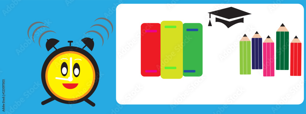 Back to school background there is an alarm clock, book, and pencil icon.For There is a blackboard with book, alarm clock. Back to school background there is an alarm clock, book, and pencil icon.For There is a blackboard with book, alarm clock.
