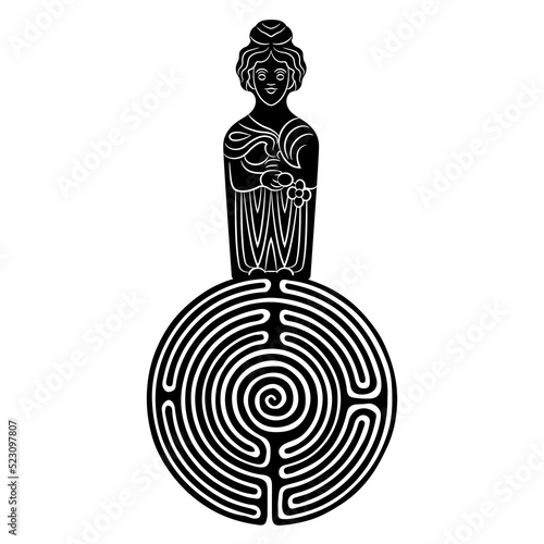 Celtic goddess standing on a round spiral maze or labyrinth symbol. Creative concept. Gallic Roman culture. Black and white silhouette.