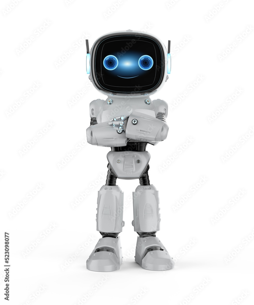 3d rendering cute and small artificial intelligence assistant robot with cartoon character arm crossed
