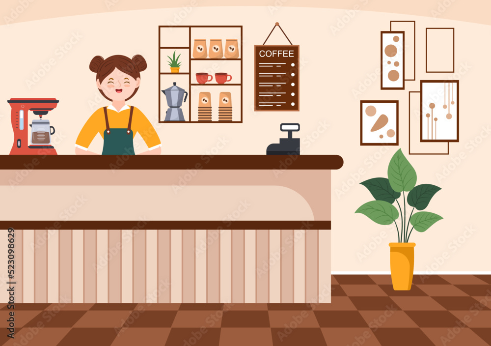 Fototapeta premium International Coffee Day on October 1st Flat Cartoon Illustration Hand Drawn with Cocoa Beans and People Drinking a Cup in Cafe