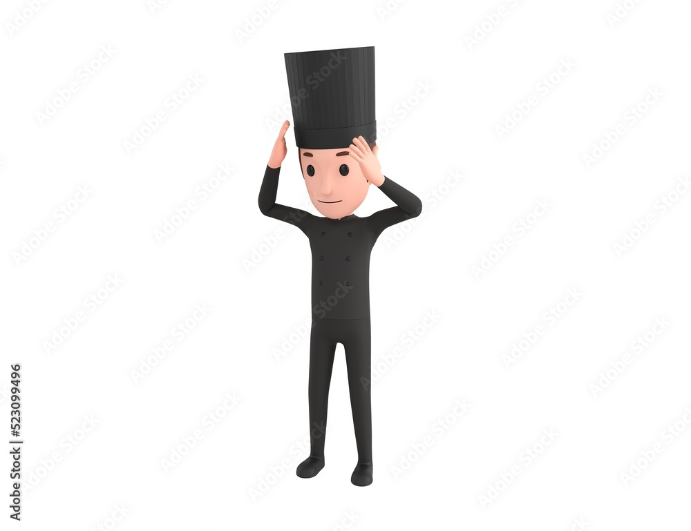 Chef In Black Uniform character with hand on head for pain in head because stress in 3d rendering. Chef In Black Uniform character with hand on head for pain in head because stress in 3d rendering.